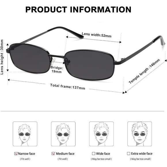 ✨Women\'s Black Small Narrow Rectangle Sunglasses Retro Skinny Sunnies Eyewear
